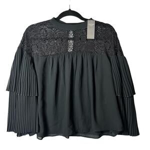 Abercrombie & Fitch Blouse Womens L Black Accordion Pleated Bell Sleeve Top NEW